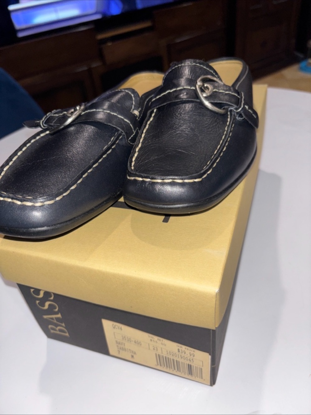 Bass TABBITHA Womens 7 M Navy Leather Slip On Flat Mules VTG 2002 NOS NIB